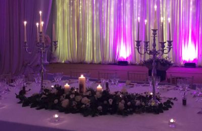 silver candelabras for top tables at weddings with sparkly backdrops
