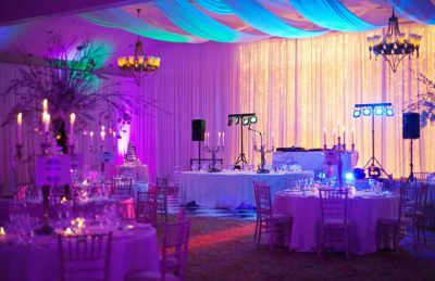 wedding drapery interiors with LED uplighters
