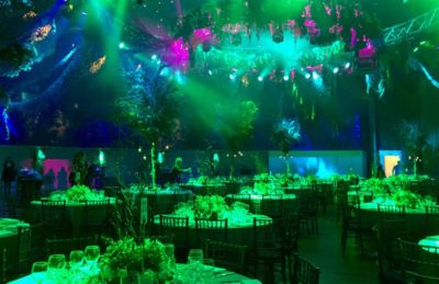 An Enchanted Forest corporate event management theme with camouflage netting and LED lights at The Round Room