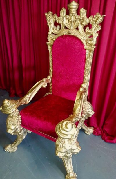 santas chair in red and gold for events furniture for hire or rentals