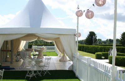 clear pagoda design for hire and installation for events with ivory and pastel pink colours, also as festoons and pink paper lanterns